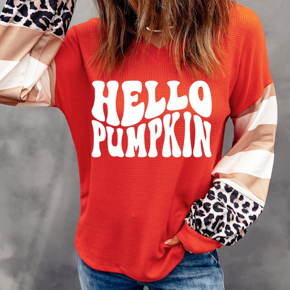 B009 Red Hello Pumpkin Color Block V Neck Top